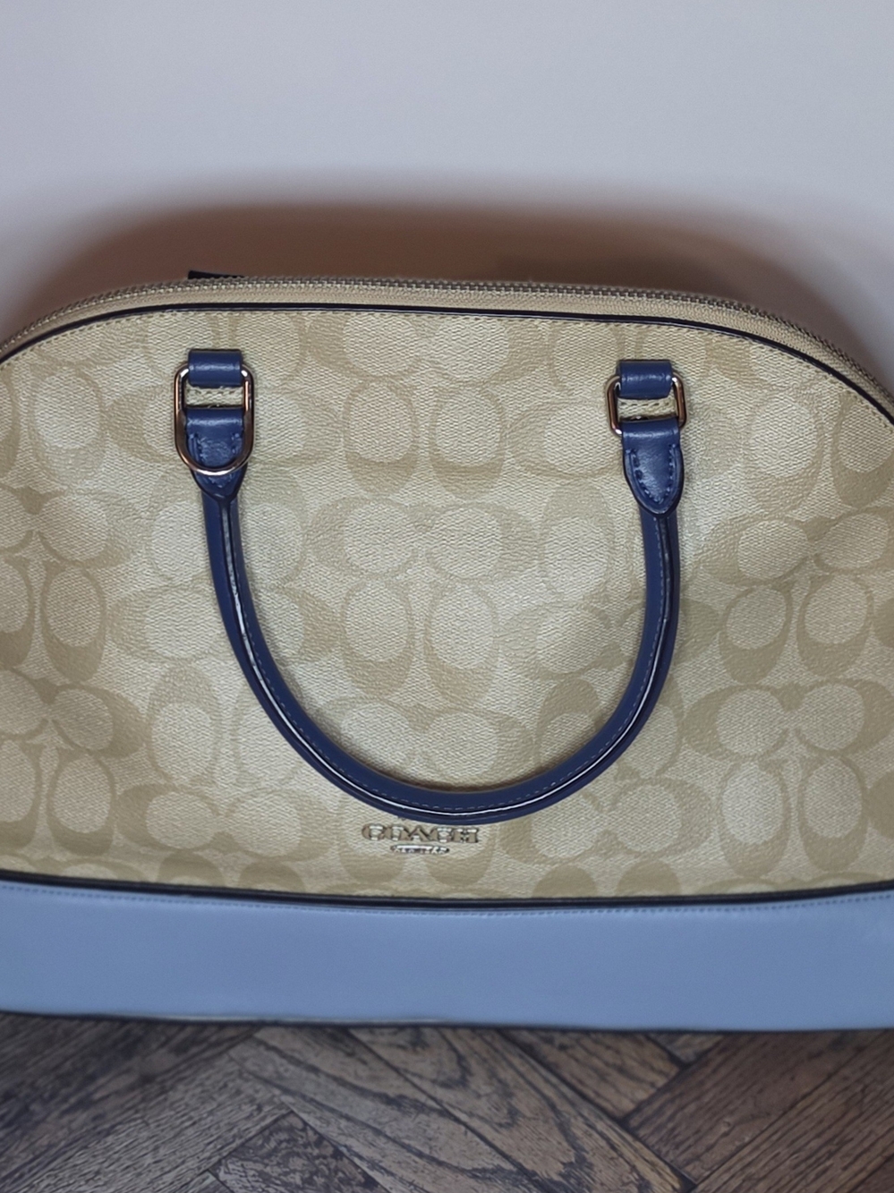 Coach Cream Signature Dome Satchel with Blue Trim